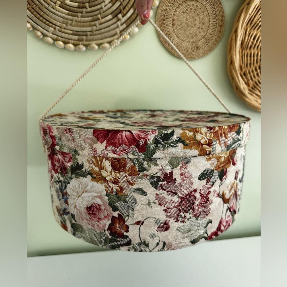 Vintage Hat Box Victorian Floral Design - Textured With Black Velvet Interior